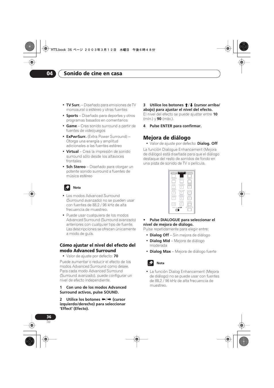 Mejora de diálogo, Sonido de cine en casa 04 | Pioneer DCS-515 User Manual | Page 36 / 96