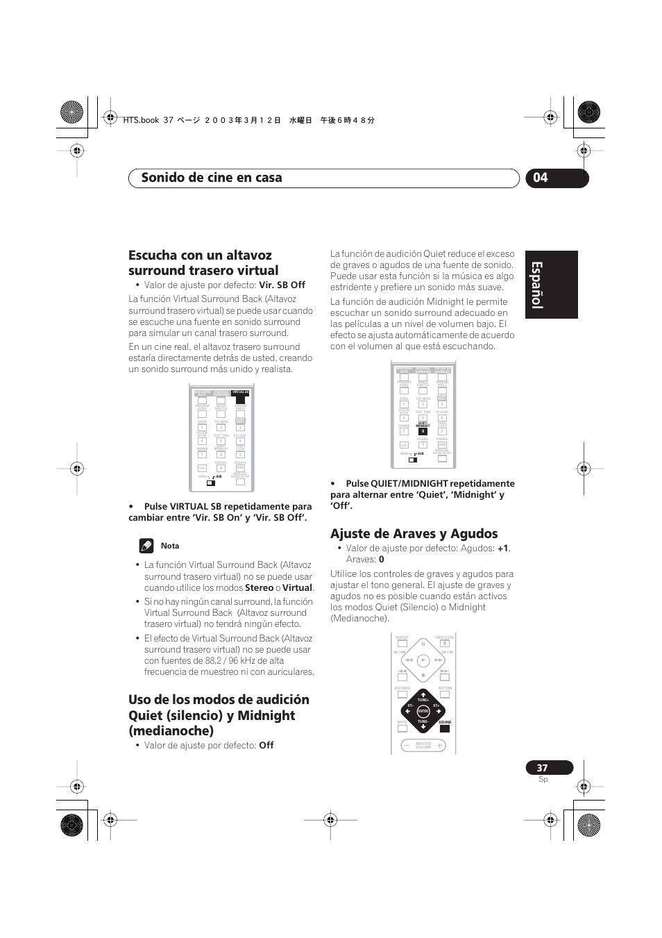 Escucha con un altavoz surround trasero virtual, Ajuste de graves y agudos, Español italiano français | Nederlands, Español deutsch, Sonido de cine en casa 04, Ajuste de araves y agudos, Valor de ajuste por defecto, Vir. sb off, Stereo | Pioneer DCS-515 User Manual | Page 37 / 96