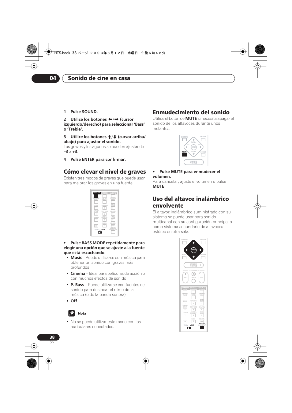 Cómo elevar el nivel de graves, Enmudecimiento del sonido, Uso del altavoz inalámbrico envolvente | Sonido de cine en casa 04, 1pulse sound. 2 utilice los botones, Cursor arriba/ abajo) para ajustar el sonido, Los graves y los agudos se pueden ajustar de, 4pulse enter para confirmar, Music, Cinema | Pioneer DCS-515 User Manual | Page 38 / 96