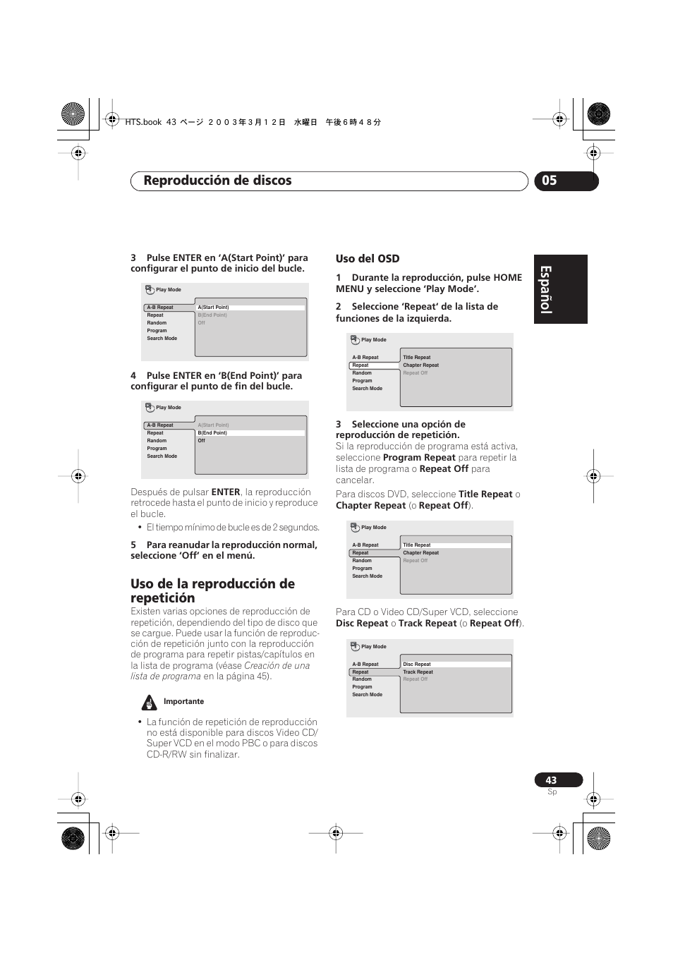 Uso de la reproducción de repetición, Uso del osd, Español italiano français | Nederlands, Español deutsch, Reproducción de discos 05 | Pioneer DCS-515 User Manual | Page 43 / 96