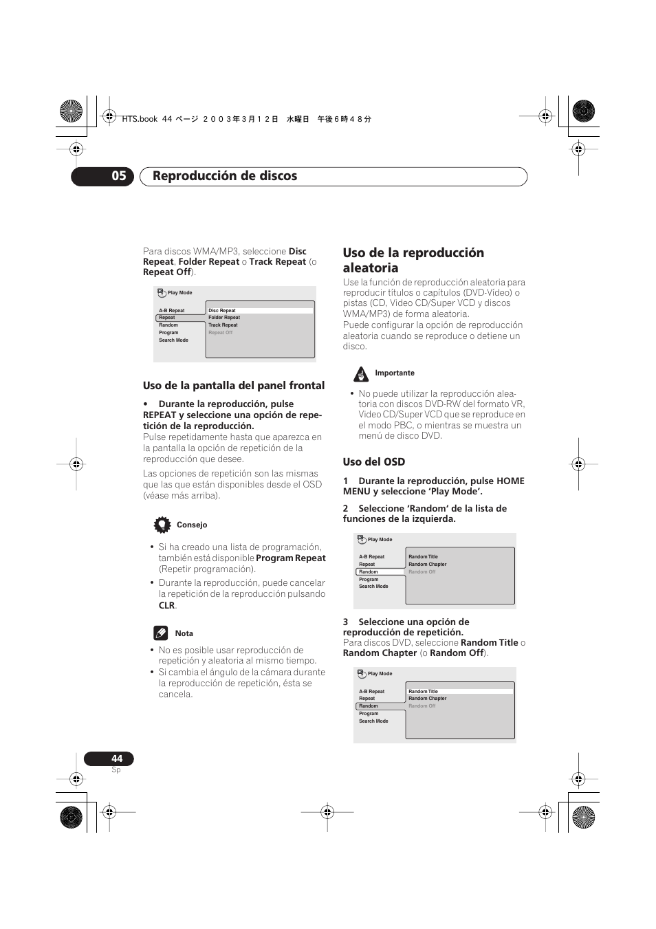 Uso de la pantalla del panel frontal, Uso de la reproducción aleatoria, Uso del osd | Reproducción de discos 05 | Pioneer DCS-515 User Manual | Page 44 / 96