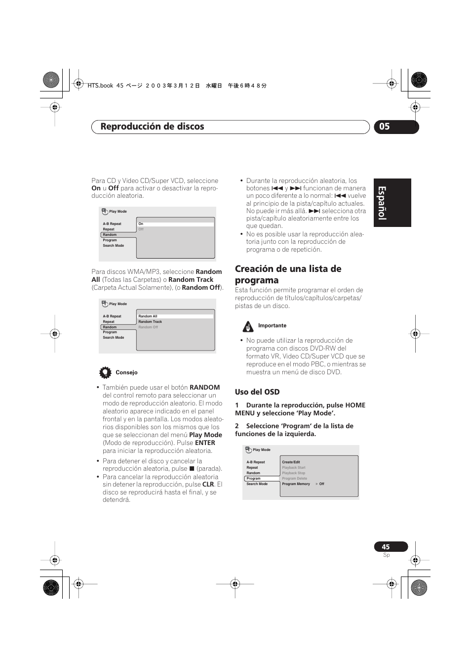 Creación de una lista de programa, Uso del osd, Español italiano français | Nederlands, Español deutsch, Reproducción de discos 05 | Pioneer DCS-515 User Manual | Page 45 / 96