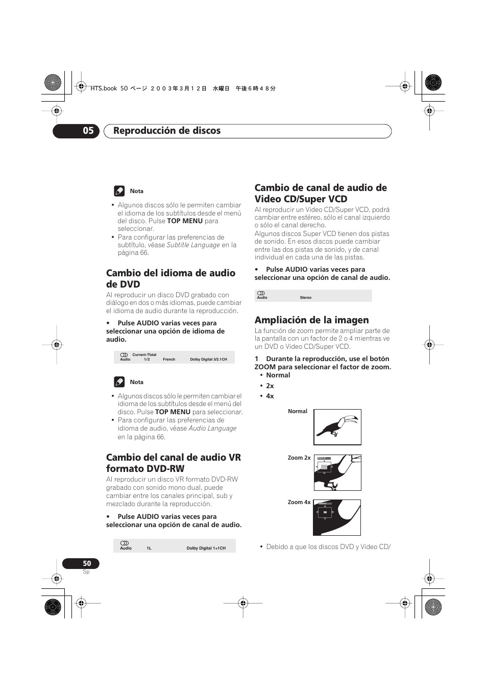 Cambio del idioma de audio de dvd, Cambio del canal de audio vr formato dvd-rw, Cambio de canal de audio de video cd/super vcd | Ampliación de la imagen, Reproducción de discos 05 | Pioneer DCS-515 User Manual | Page 50 / 96