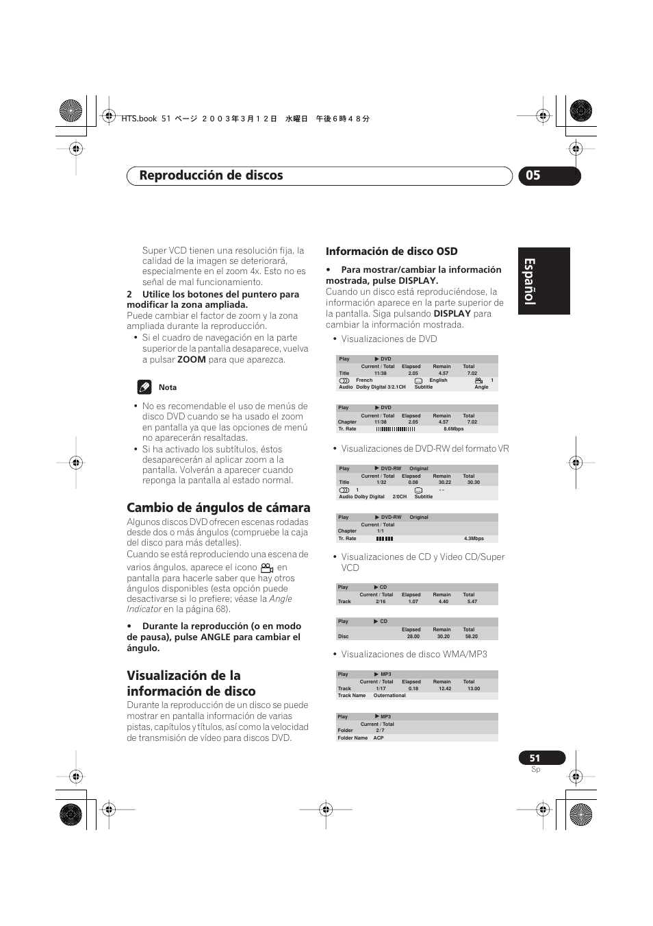 Cambio de ángulos de cámara, Visualización de la información de disco, Información de disco osd | Español italiano français, Nederlands, Español deutsch, Reproducción de discos 05 | Pioneer DCS-515 User Manual | Page 51 / 96