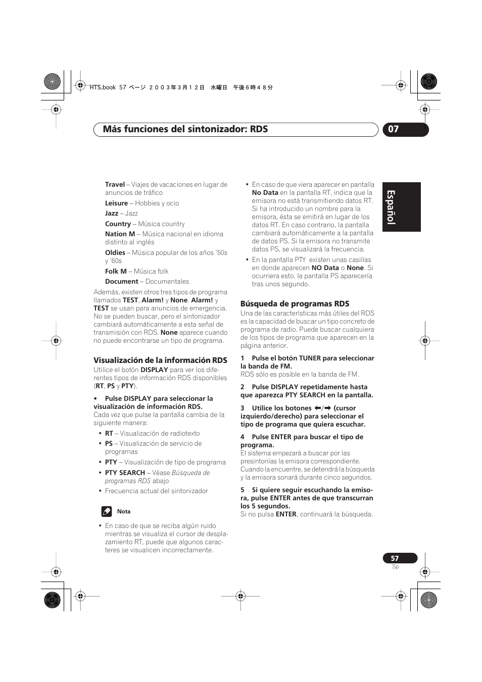 Visualización de la información rds, Búsqueda de programas rds, Español italiano français | Nederlands, Español deutsch, Más funciones del sintonizador: rds 07 | Pioneer DCS-515 User Manual | Page 57 / 96