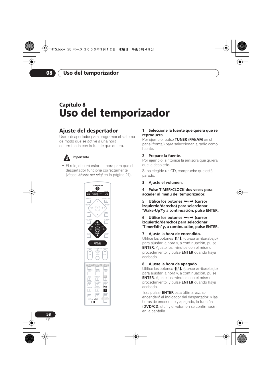 Ajuste del despertador, Uso del temporizador, Uso del temporizador 08 | Capítulo | Pioneer DCS-515 User Manual | Page 58 / 96