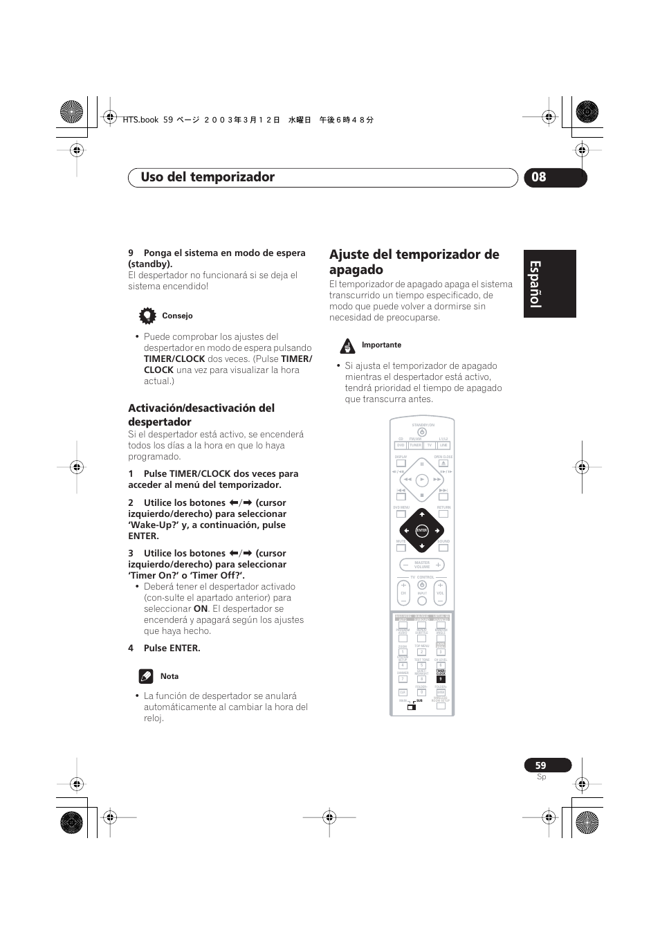 Activación/desactivación del despertador, Ajuste del temporizador de apagado, Español italiano français | Nederlands, Español deutsch, Uso del temporizador 08 | Pioneer DCS-515 User Manual | Page 59 / 96