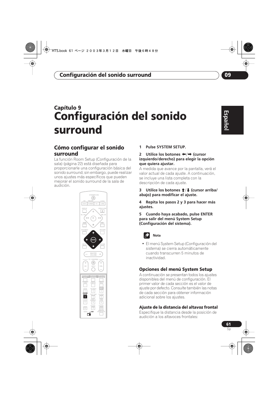 Cómo configurar el sonido surround, Opciones del menú system setup, Configuración del sonido surround | Español italiano français, Nederlands, Español deutsch, Configuración del sonido surround 09, Capítulo, Ajuste de la distancia del altavoz frontal | Pioneer DCS-515 User Manual | Page 61 / 96