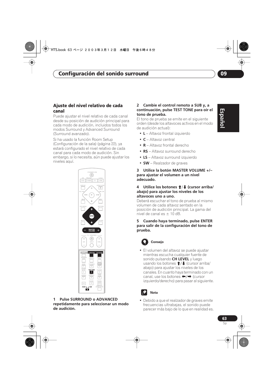 Ajuste del nivel relativo de cada canal, Español italiano français, Nederlands | Español deutsch, Configuración del sonido surround 09 | Pioneer DCS-515 User Manual | Page 63 / 96