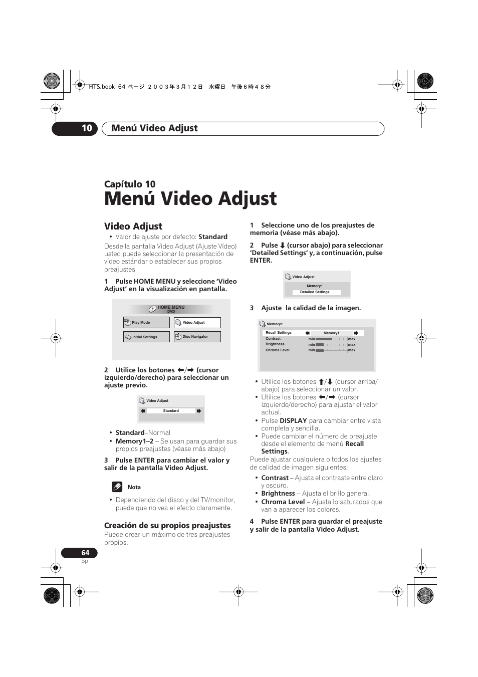 Video adjust, Creación de su propios preajustes, Menú video adjust | Menú video adjust 10, Capítulo | Pioneer DCS-515 User Manual | Page 64 / 96