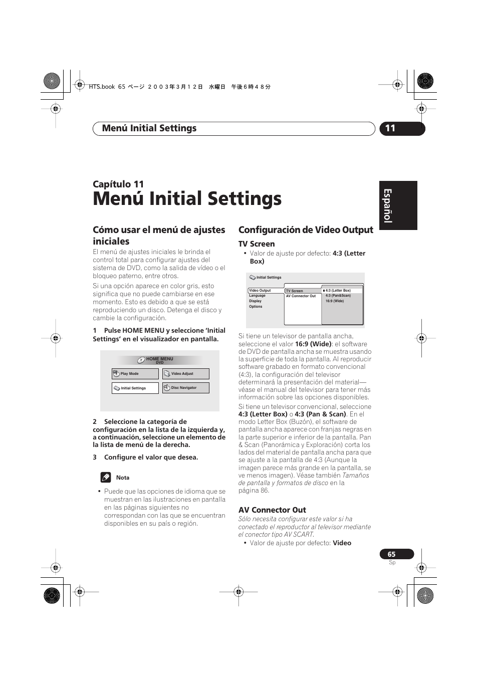 Cómo usar el menú de ajustes iniciales, Configuración de video output, Tv screen | Av connector out, Menú initial settings, Español italiano français, Nederlands, Español deutsch, Menú initial settings 11, Capítulo | Pioneer DCS-515 User Manual | Page 65 / 96