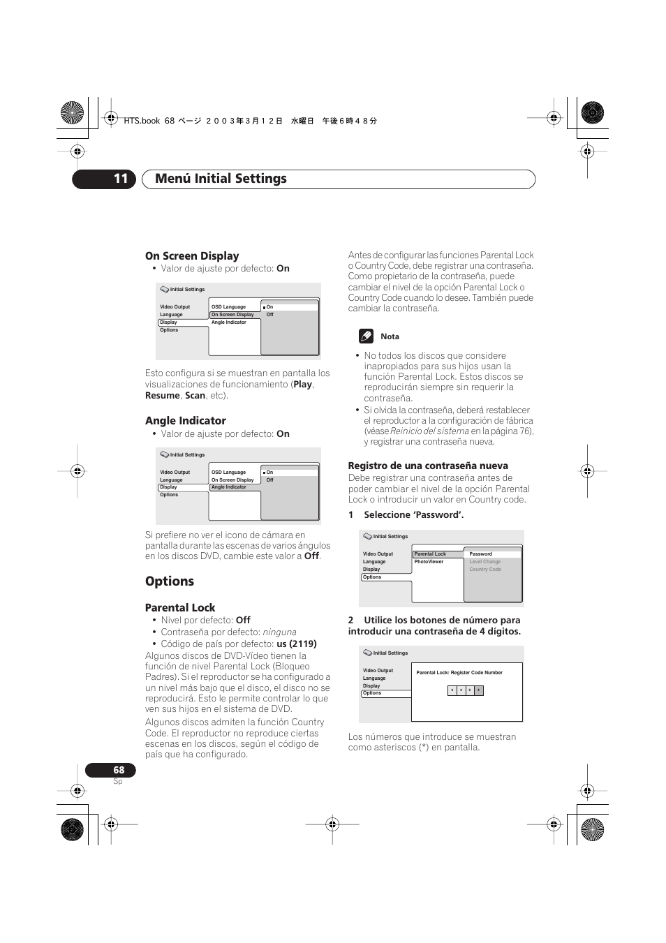 On screen display, Angle indicator, Options | Parental lock, Menú initial settings 11 | Pioneer DCS-515 User Manual | Page 68 / 96