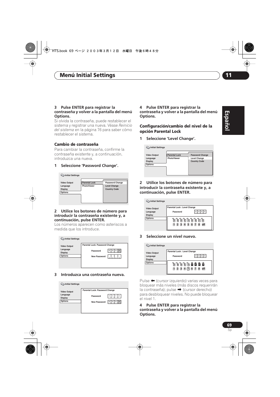 Español italiano français, Nederlands, Español deutsch | Menú initial settings 11 | Pioneer DCS-515 User Manual | Page 69 / 96