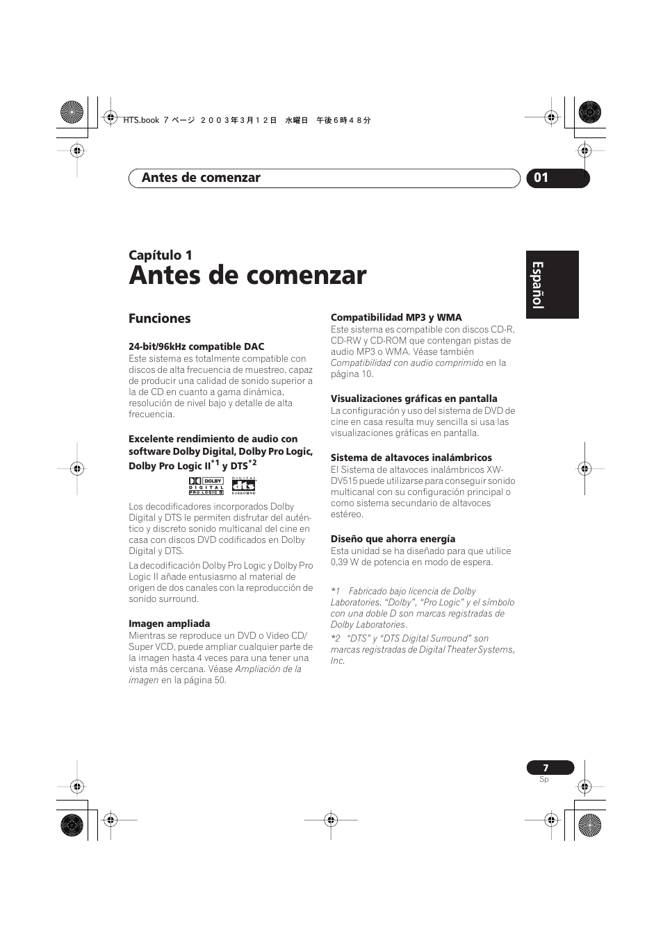 Funciones, Antes de comenzar, Español italiano français | Nederlands, Español deutsch, Antes de comenzar 01, Capítulo | Pioneer DCS-515 User Manual | Page 7 / 96