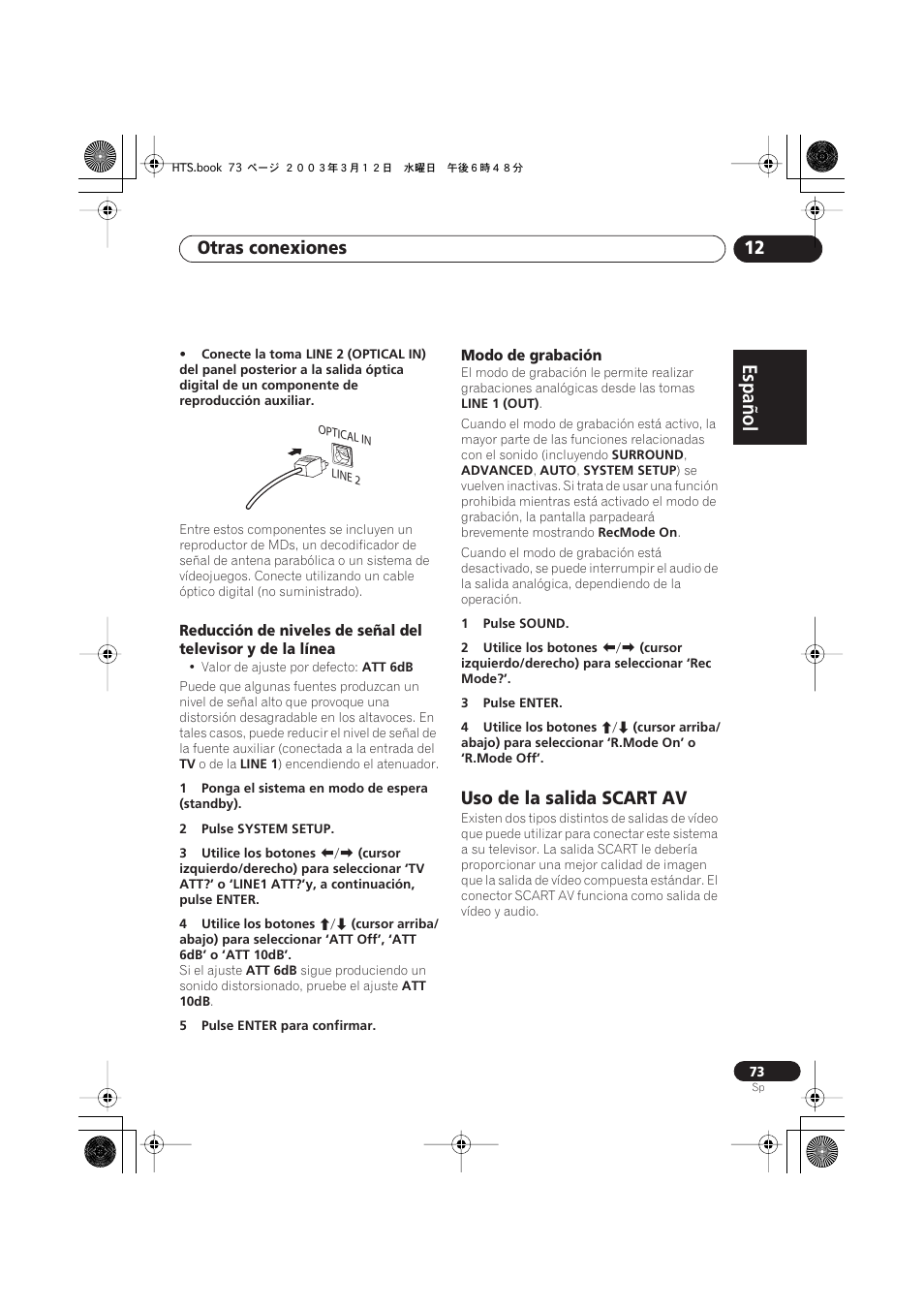 Modo de grabación, Uso de la salida scart av, Español italiano français | Nederlands, Español deutsch, Otras conexiones 12 | Pioneer DCS-515 User Manual | Page 73 / 96