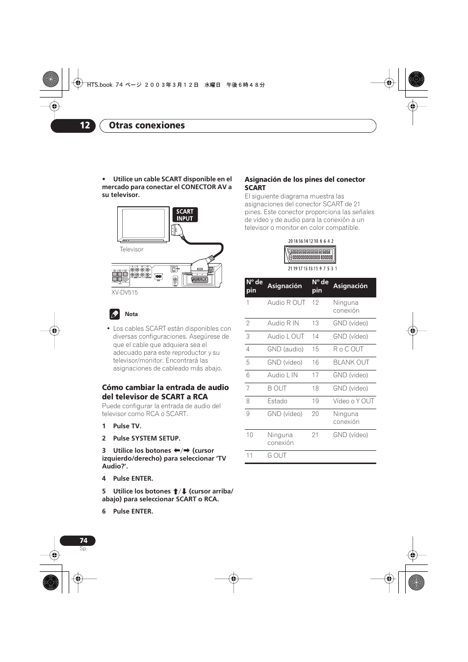 Otras conexiones 12, Asignación de los pines del conector scart | Pioneer DCS-515 User Manual | Page 74 / 96