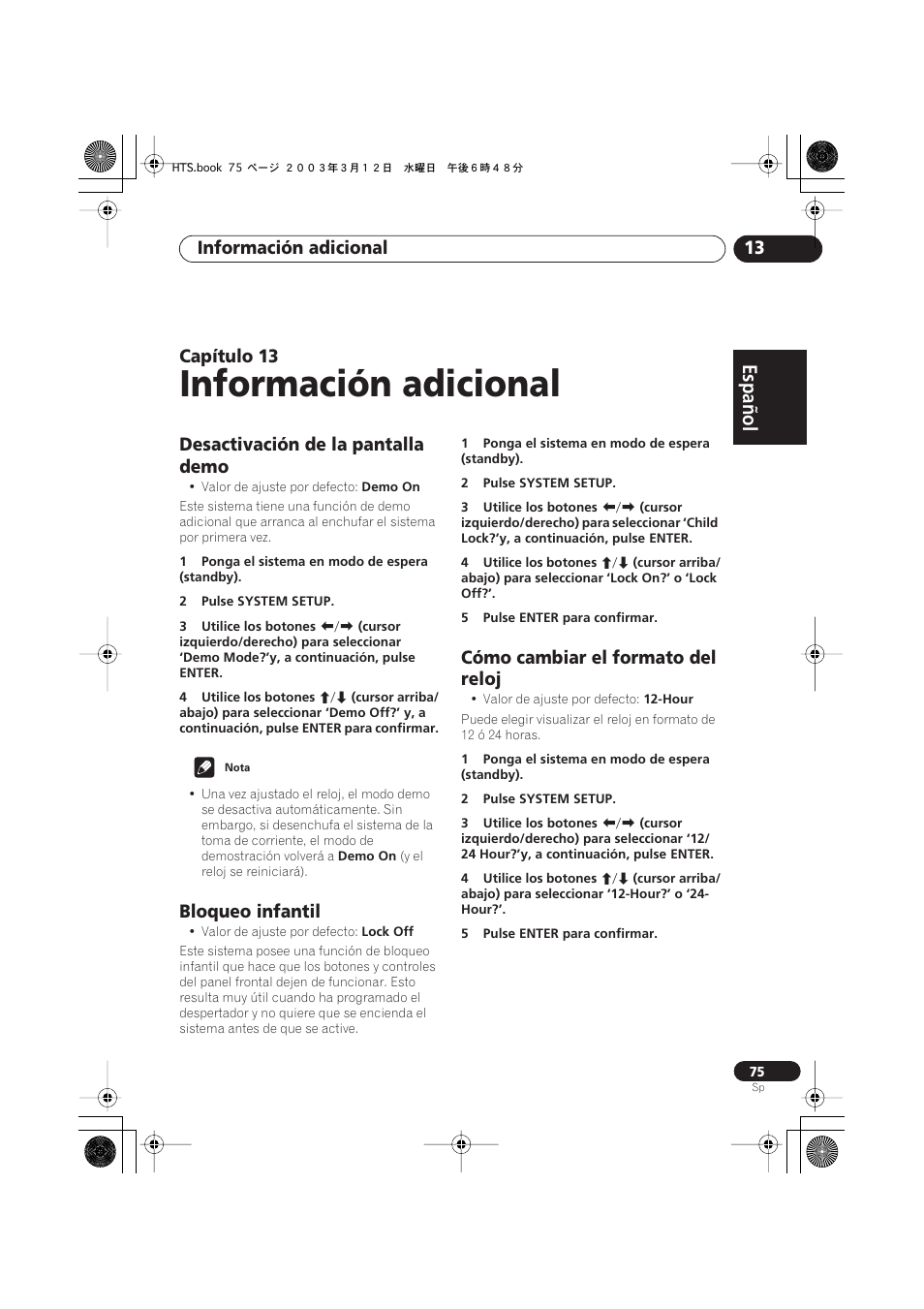 Desactivación de la pantalla demo, Bloqueo infantil, Cómo cambiar el formato del reloj | Información adicional, Español italiano français, Nederlands, Español deutsch, Información adicional 13, Capítulo | Pioneer DCS-515 User Manual | Page 75 / 96