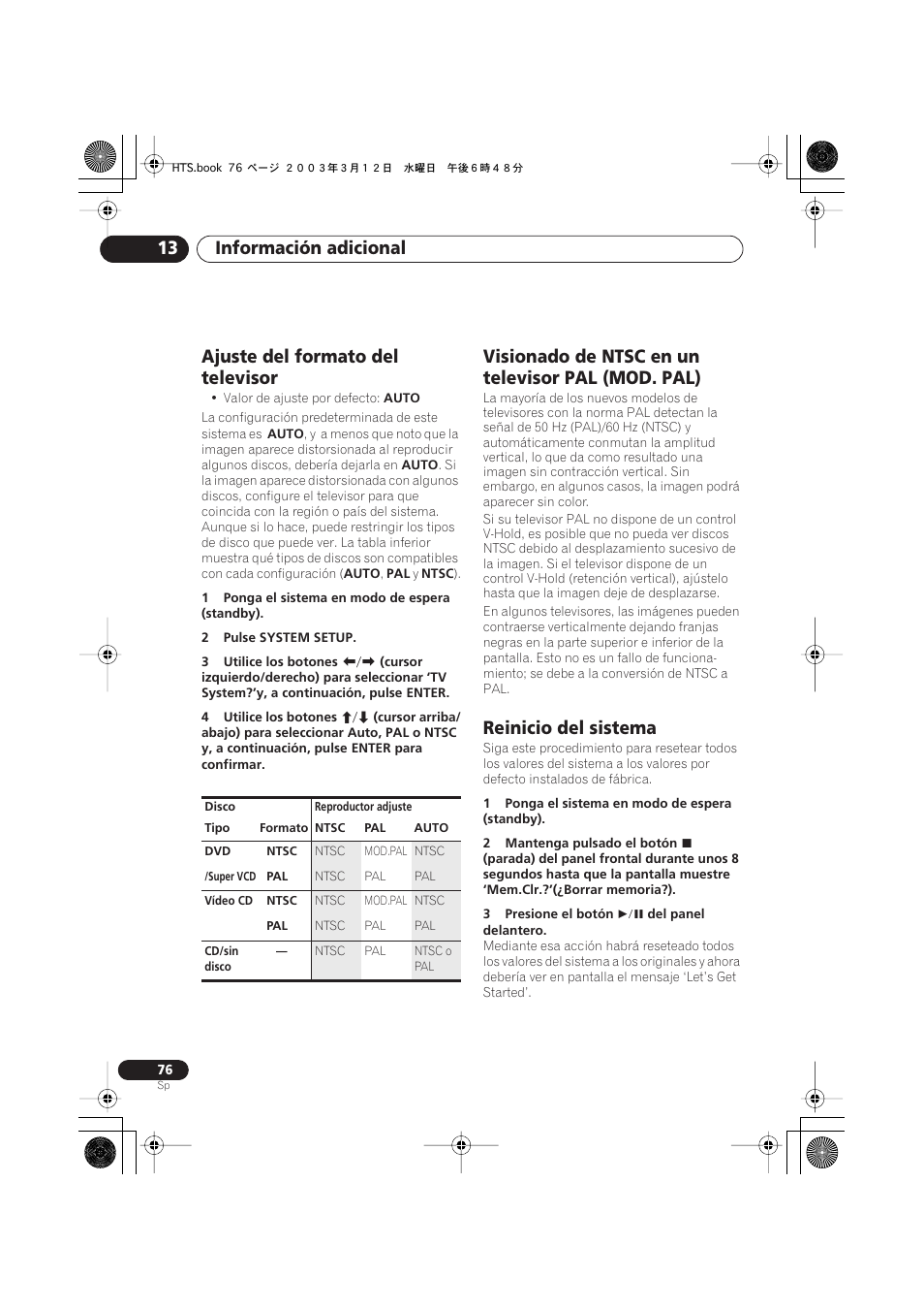Ajuste del formato del televisor, Visionado de ntsc en un televisor pal (mod. pal), Reinicio del sistema | Información adicional 13 | Pioneer DCS-515 User Manual | Page 76 / 96