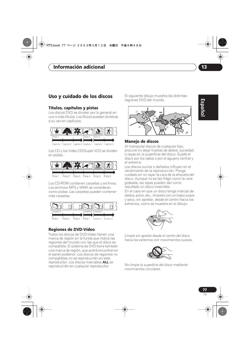 Uso y cuidado de los discos, Títulos, capítulos y pistas, Regiones de dvd-vídeo | Manejo de discos, Español italiano français, Nederlands, Español deutsch, Información adicional 13 | Pioneer DCS-515 User Manual | Page 77 / 96