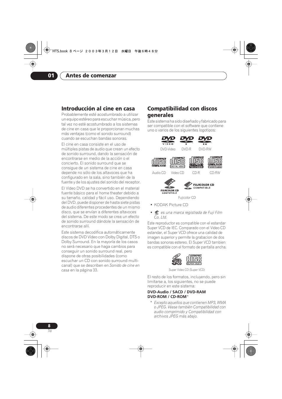 Introducción al cine en casa, Compatibilidad con discos generales, Antes de comenzar 01 | Pioneer DCS-515 User Manual | Page 8 / 96