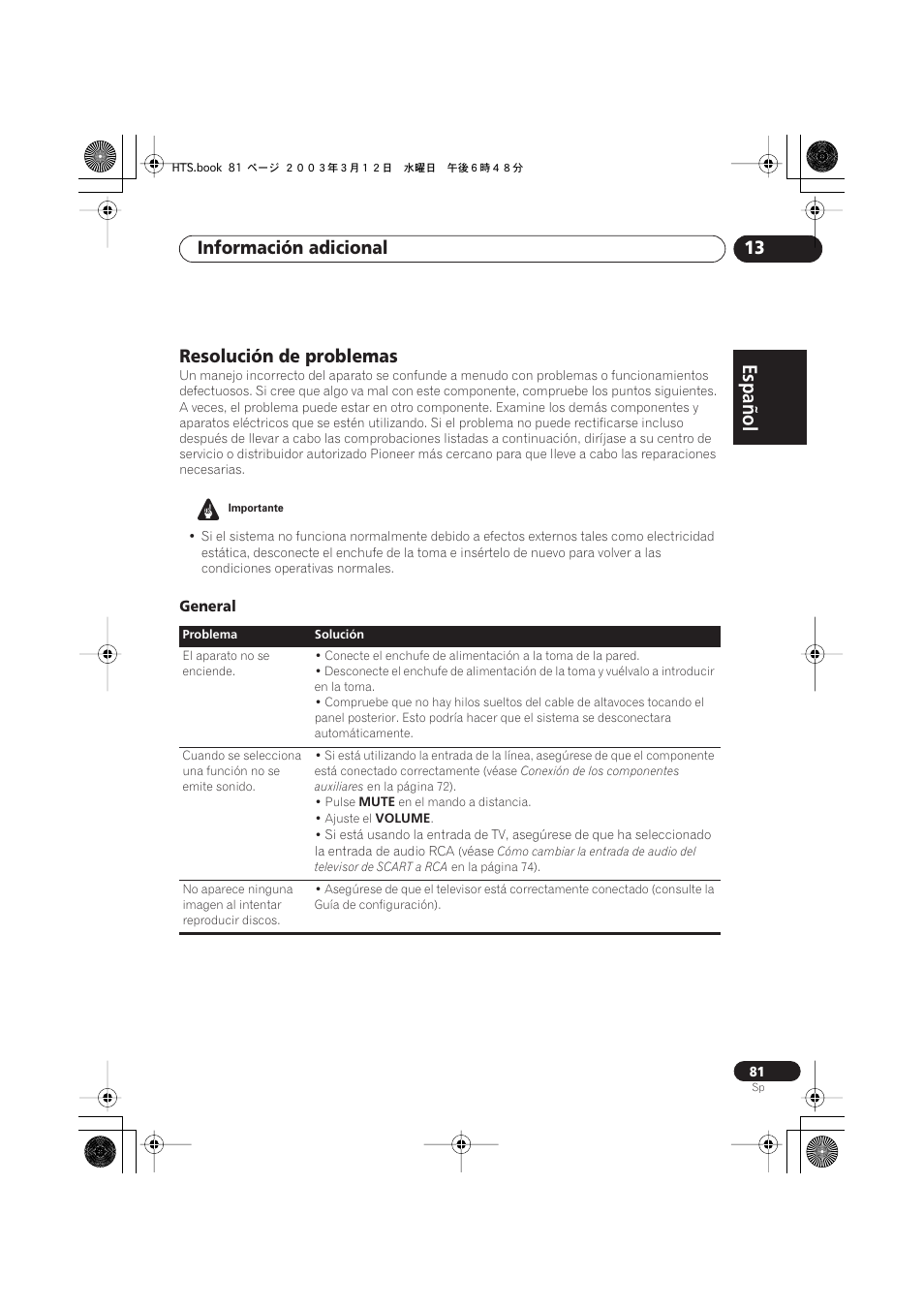 Resolución de problemas, General, Español italiano français | Nederlands, Español deutsch, Información adicional 13 | Pioneer DCS-515 User Manual | Page 81 / 96