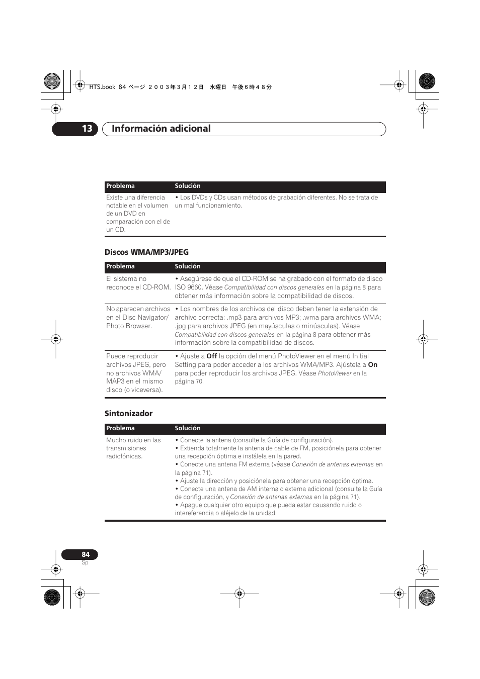 Discos wma/mp3/jpeg, Sintonizador, Información adicional 13 | Pioneer DCS-515 User Manual | Page 84 / 96