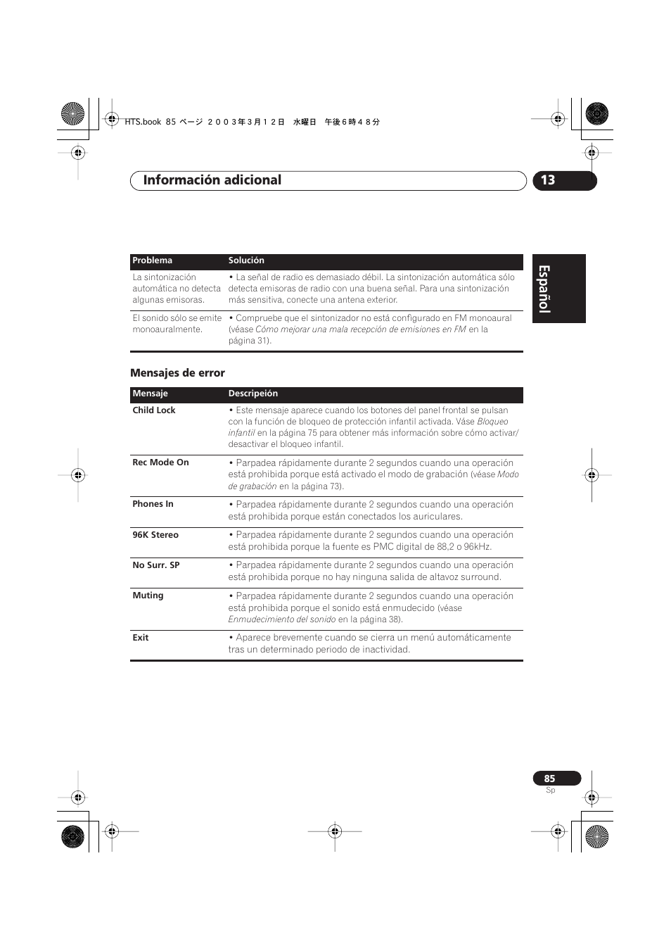 Mensajes de error, Español italiano français, Nederlands | Español deutsch, Información adicional 13 | Pioneer DCS-515 User Manual | Page 85 / 96