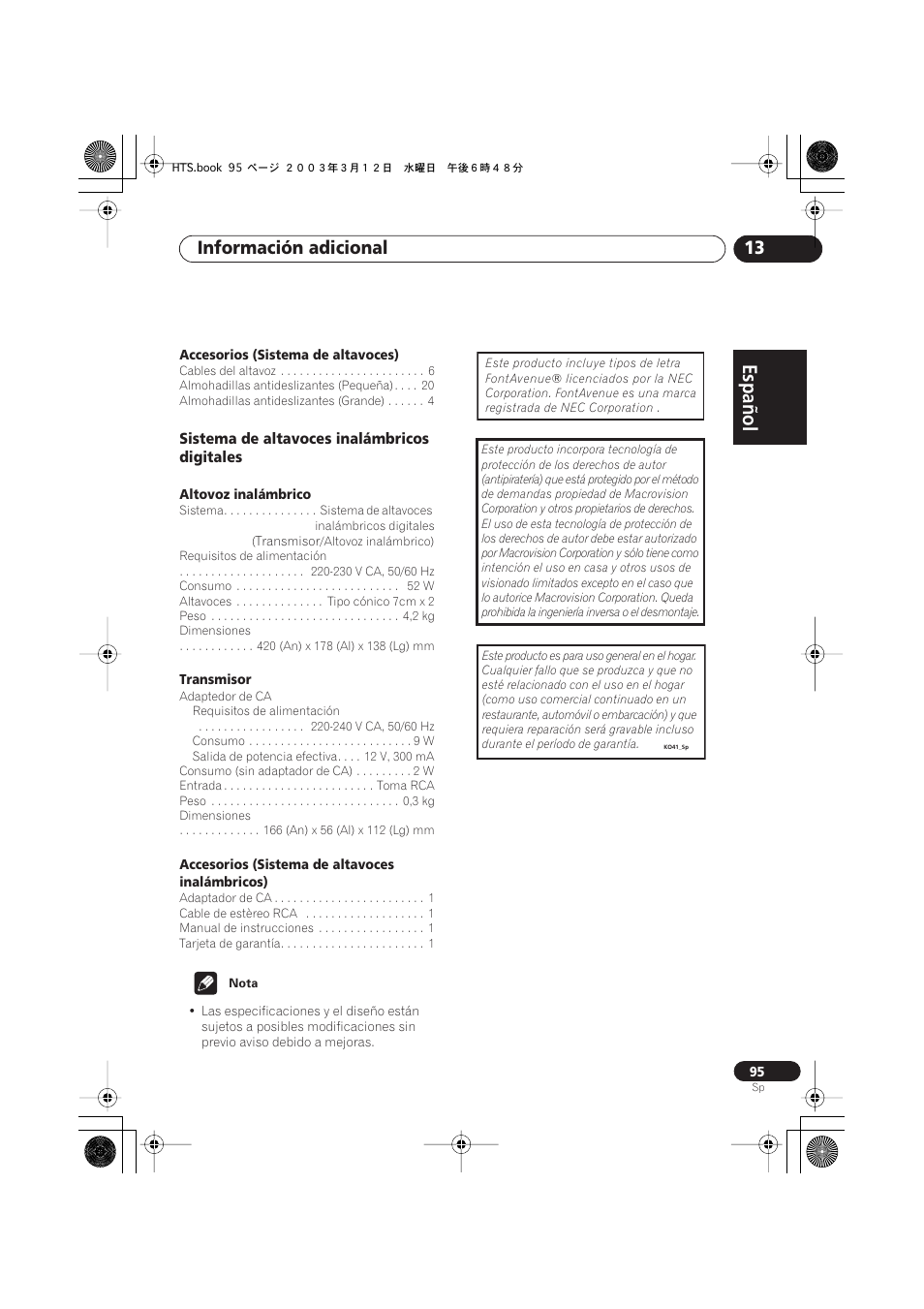 Sistema de altavoces inalámbricos digitales, Español italiano français, Nederlands | Español deutsch, Información adicional 13 | Pioneer DCS-515 User Manual | Page 95 / 96