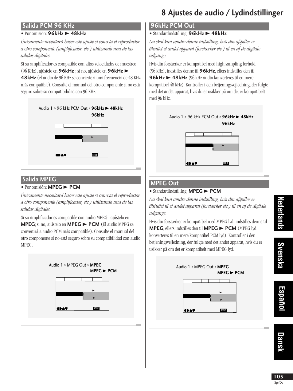 Salida pcm 96 khz salida mpeg, Linear pcm out mpeg out, 8 ajustes de audio / lydindstillinger | Nederlands svenska español dansk, Salida pcm 96 khz, Salida mpeg, 96khz pcm out, Mpeg out, Audio 1 > mpeg out > mpeg mpeg 3 pcm | Pioneer DV-737-K User Manual | Page 105 / 156