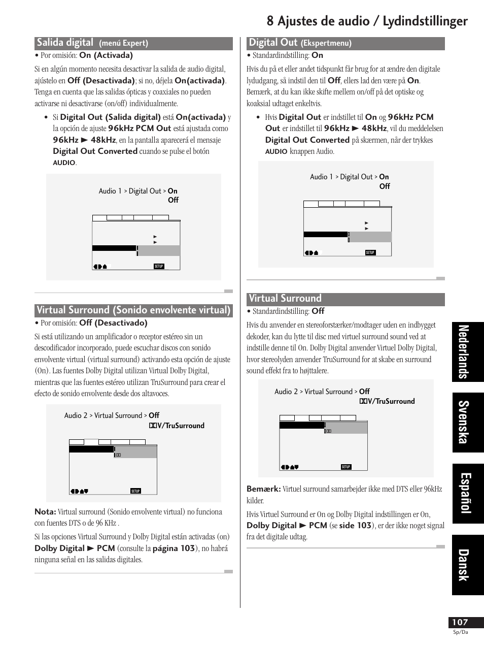 Digital out (ekspertmenu) virtual surround, 8 ajustes de audio / lydindstillinger, Nederlands svenska español dansk | Salida digital, Virtual surround (sonido envolvente virtual), Digital out, Virtual surround, Knappen audio | Pioneer DV-737-K User Manual | Page 107 / 156