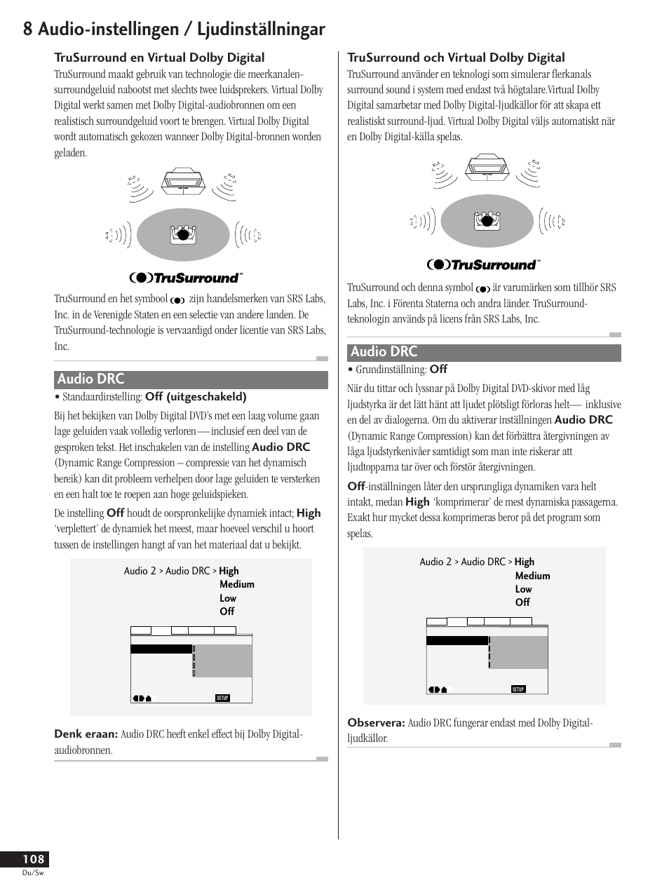 Audio drc, 8 audio-instellingen / ljudinställningar, Trusurround en virtual dolby digital | Trusurround och virtual dolby digital | Pioneer DV-737-K User Manual | Page 108 / 156