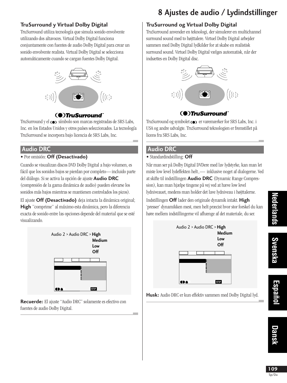 Audio drc, 8 ajustes de audio / lydindstillinger, Nederlands svenska español dansk | Trusurround y virtual dolby digital, Trusurround og virtual dolby digital | Pioneer DV-737-K User Manual | Page 109 / 156