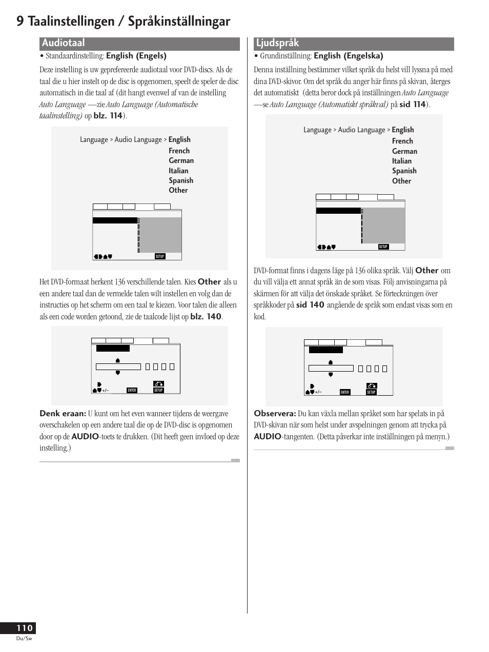 Audiotaal, Ljudspråk, 9 taalinstellingen / språkinställningar | Pioneer DV-737-K User Manual | Page 110 / 156