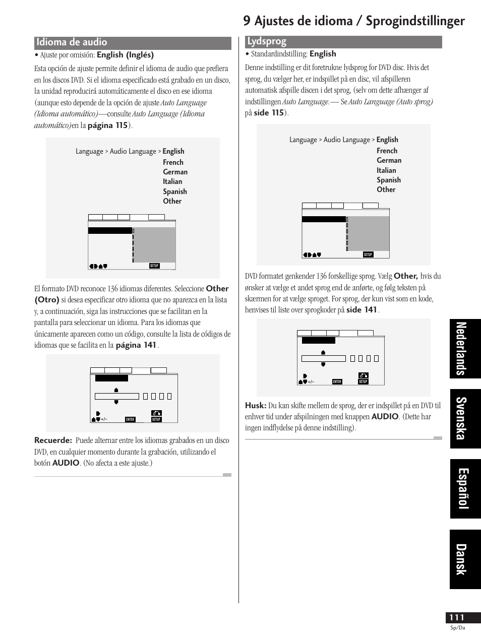 Idioma de audio, Lydsprog, 9 ajustes de idioma / sprogindstillinger | Nederlands svenska español dansk | Pioneer DV-737-K User Manual | Page 111 / 156