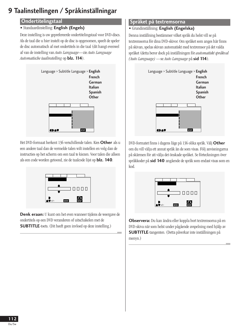 Ondertitelingstaal, Språket på textremsorna, 9 taalinstellingen / språkinställningar | Pioneer DV-737-K User Manual | Page 112 / 156