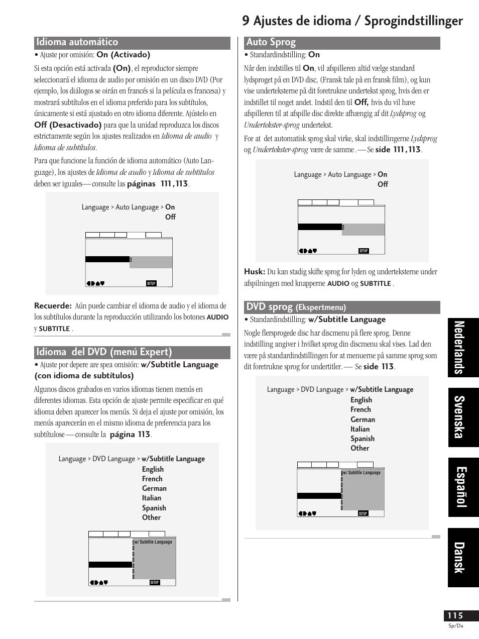 Idioma automático idioma del dvd (menú expert), Auto sprog dvd sprog (ekspertmenu), 9 ajustes de idioma / sprogindstillinger | Nederlands svenska español dansk, Idioma automático, Idioma del dvd (menú expert), Auto sprog, Dvd sprog | Pioneer DV-737-K User Manual | Page 115 / 156