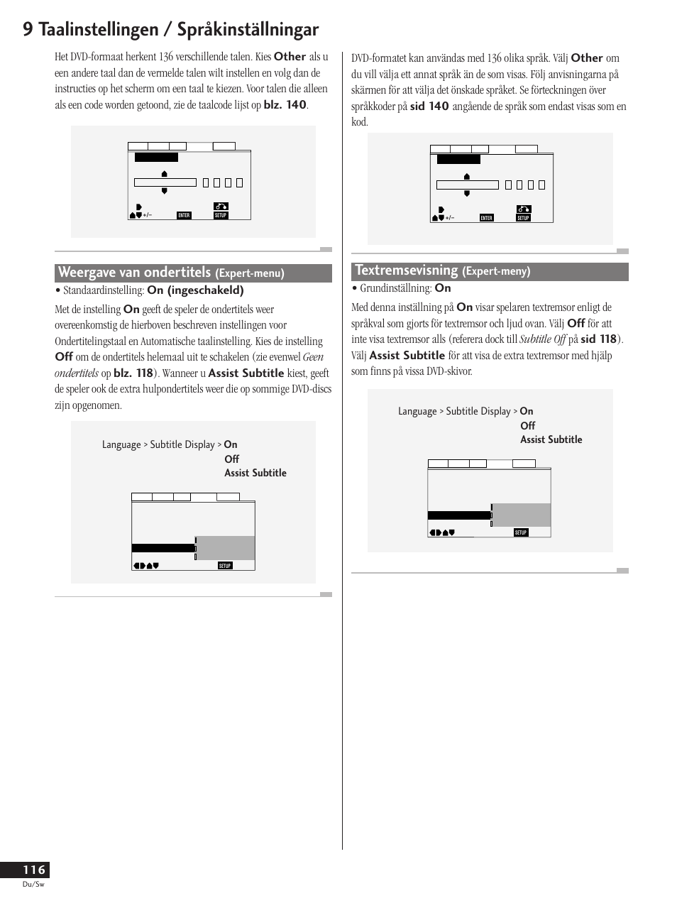 Weergave van ondertitels (expert-menu), Textremsevising (expert-menyn), 9 taalinstellingen / språkinställningar | Weergave van ondertitels, Textremsevisning | Pioneer DV-737-K User Manual | Page 116 / 156