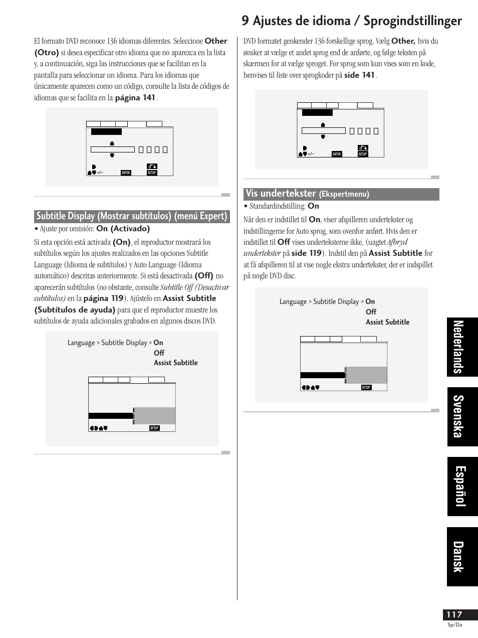 Vis undertekster (ekspertmenu), 9 ajustes de idioma / sprogindstillinger, Nederlands svenska español dansk | Vis undertekster | Pioneer DV-737-K User Manual | Page 117 / 156