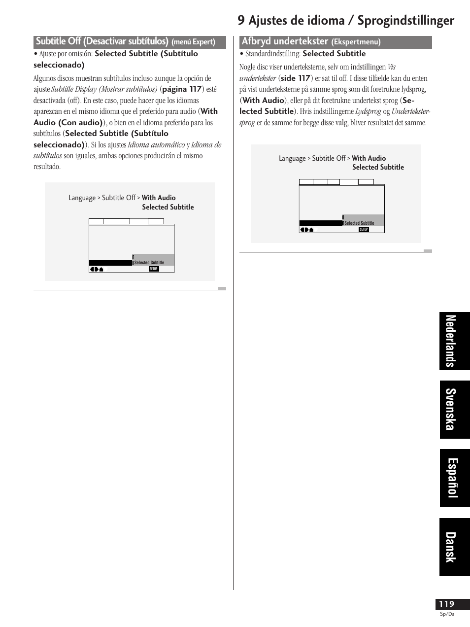 Subtitle off (desactivar subtitulos) (menú expert), Afbryd undertekster (ekspertmenu), 9 ajustes de idioma / sprogindstillinger | Nederlands svenska español dansk, Subtitle off (desactivar subtítulos), Afbryd undertekster | Pioneer DV-737-K User Manual | Page 119 / 156