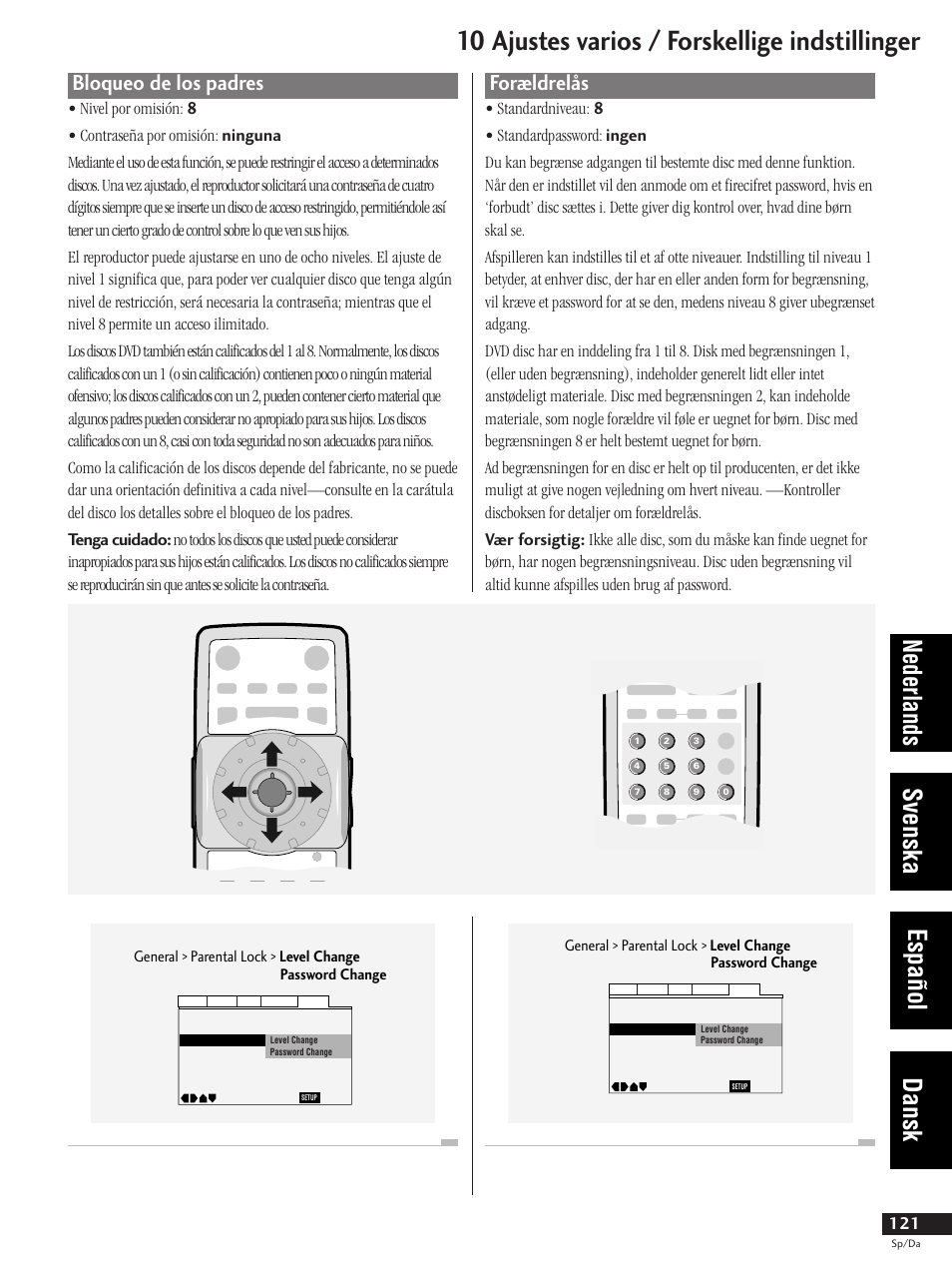 Bloqueo de los padres, Forældrelås, 10 ajustes varios / forskellige indstillinger | Nederlands svenska español dansk | Pioneer DV-737-K User Manual | Page 121 / 156