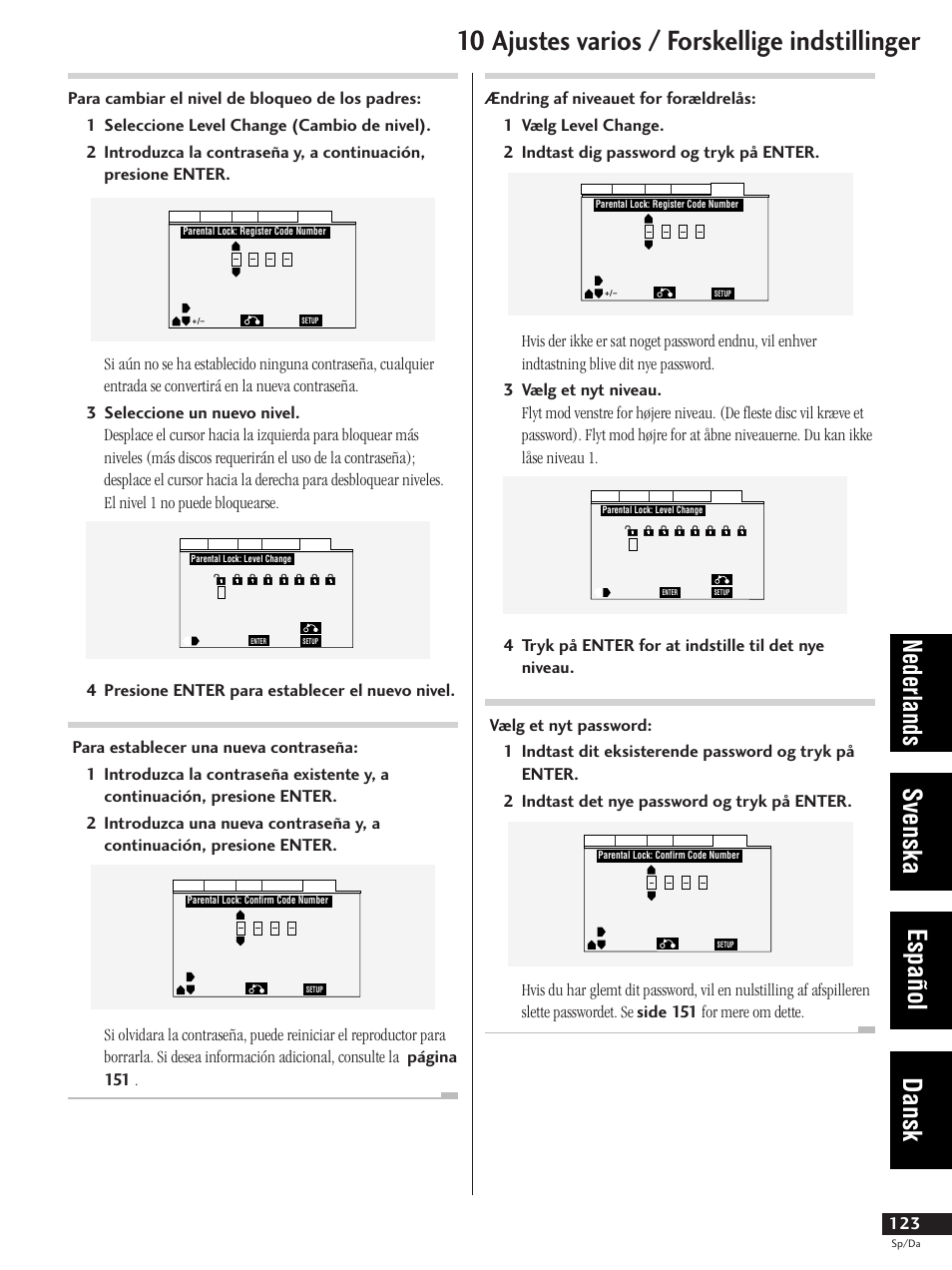 10 ajustes varios / forskellige indstillinger, Nederlands svenska español dansk | Pioneer DV-737-K User Manual | Page 123 / 156