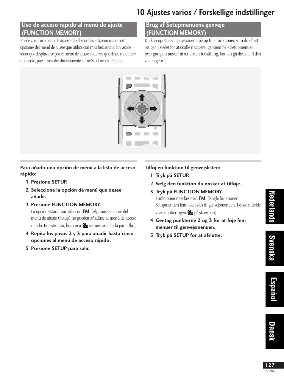 Brug af setupmenuens genveje (function memory), 10 ajustes varios / forskellige indstillinger, Nederlands svenska español dansk | Pioneer DV-737-K User Manual | Page 127 / 156