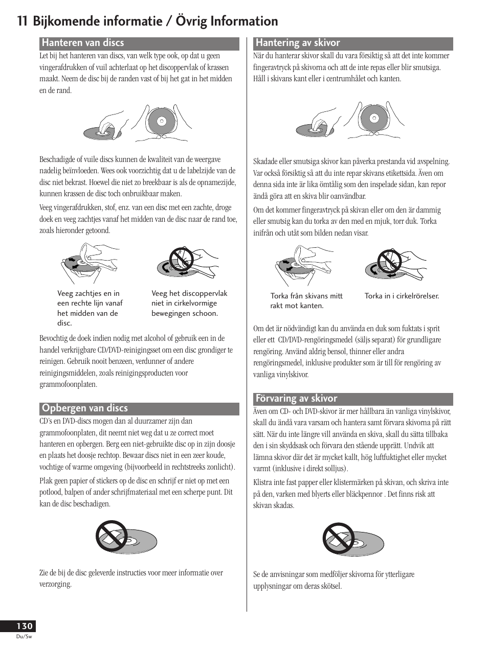 Hanteren van discs opbergen van discs, Hantering av skivor förvaring av skivor, 11 bijkomende informatie / övrig information | Hanteren van discs, Opbergen van discs, Hantering av skivor, Förvaring av skivor | Pioneer DV-737-K User Manual | Page 130 / 156
