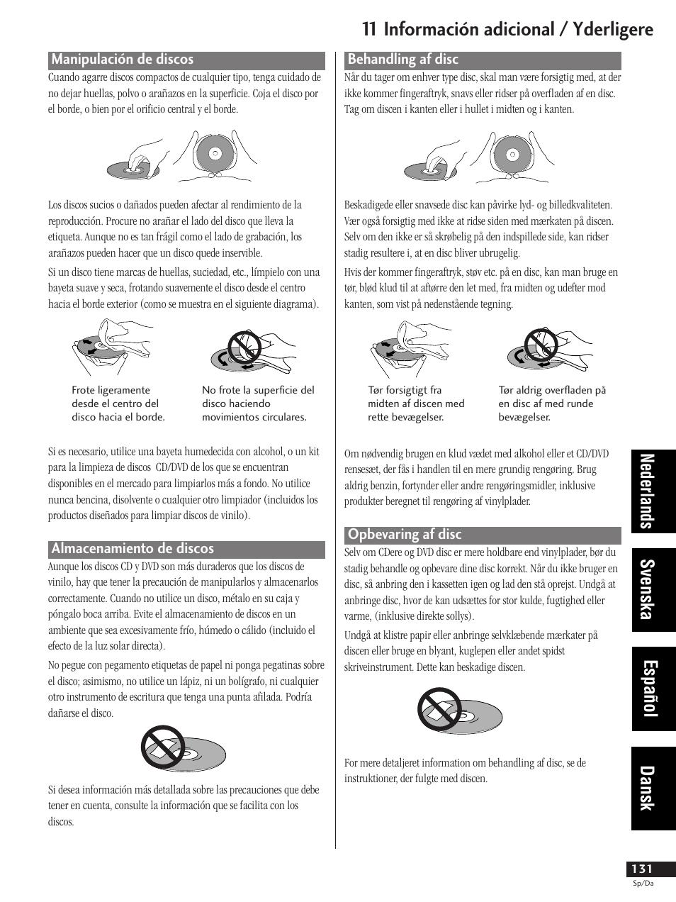 Manipulación de discos almacenamiento de discos, Behandling af discs opbevaring af discs, 11 información adicional / yderligere | Nederlands svenska español dansk | Pioneer DV-737-K User Manual | Page 131 / 156