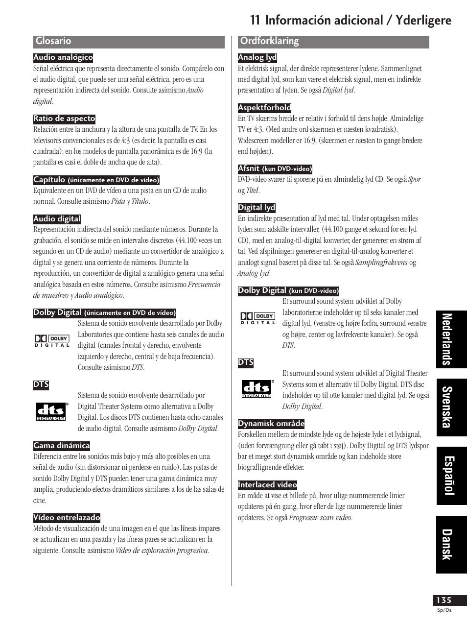 Glosario, Ordforklaring, 11 información adicional / yderligere | Nederlands svenska español dansk | Pioneer DV-737-K User Manual | Page 135 / 156