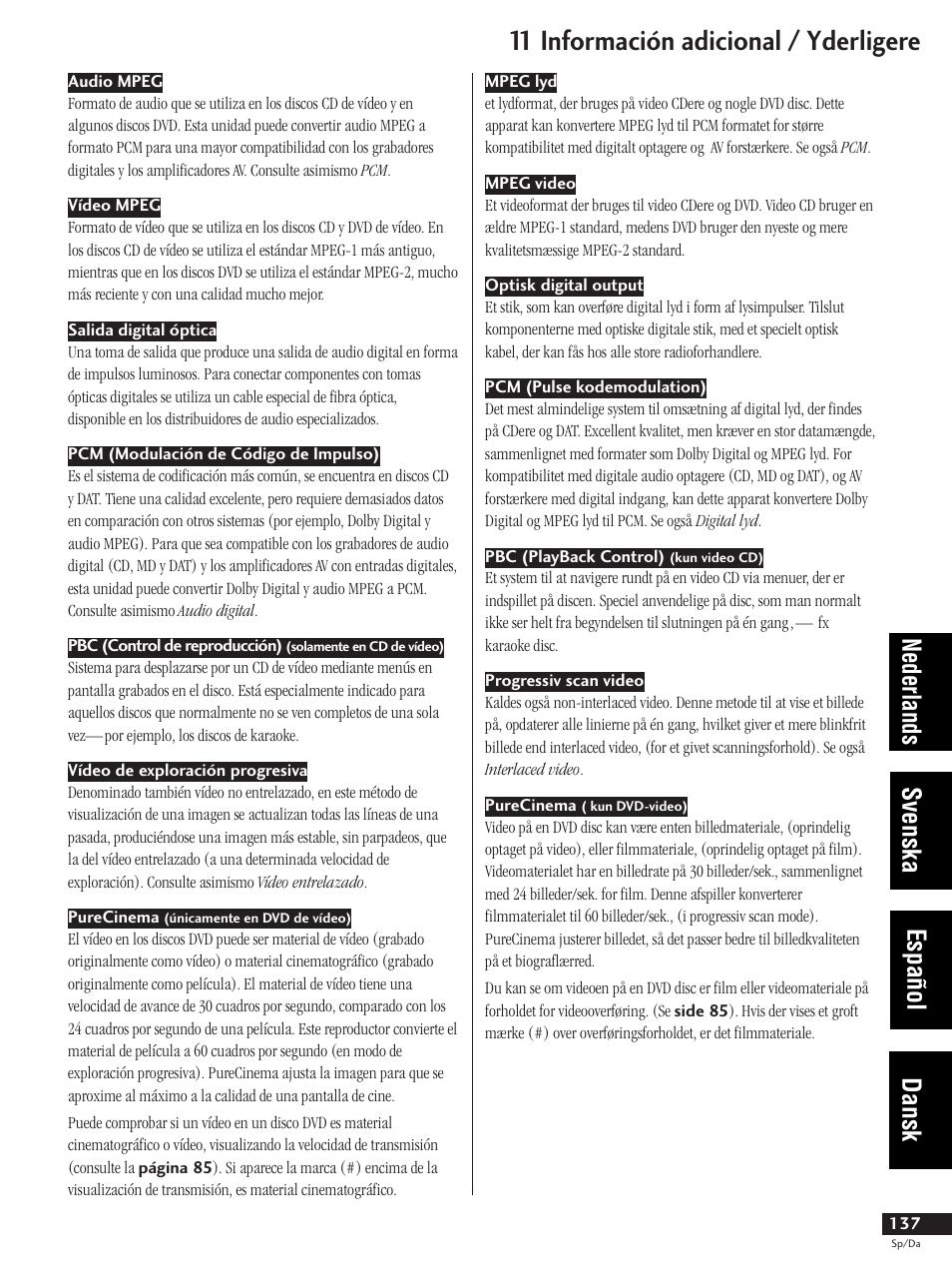 11 información adicional / yderligere, Nederlands svenska español dansk | Pioneer DV-737-K User Manual | Page 137 / 156