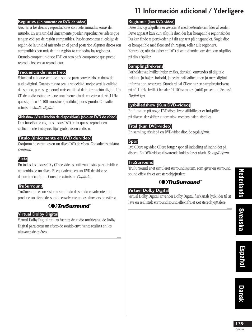 11 información adicional / yderligere, Nederlands svenska español dansk | Pioneer DV-737-K User Manual | Page 139 / 156
