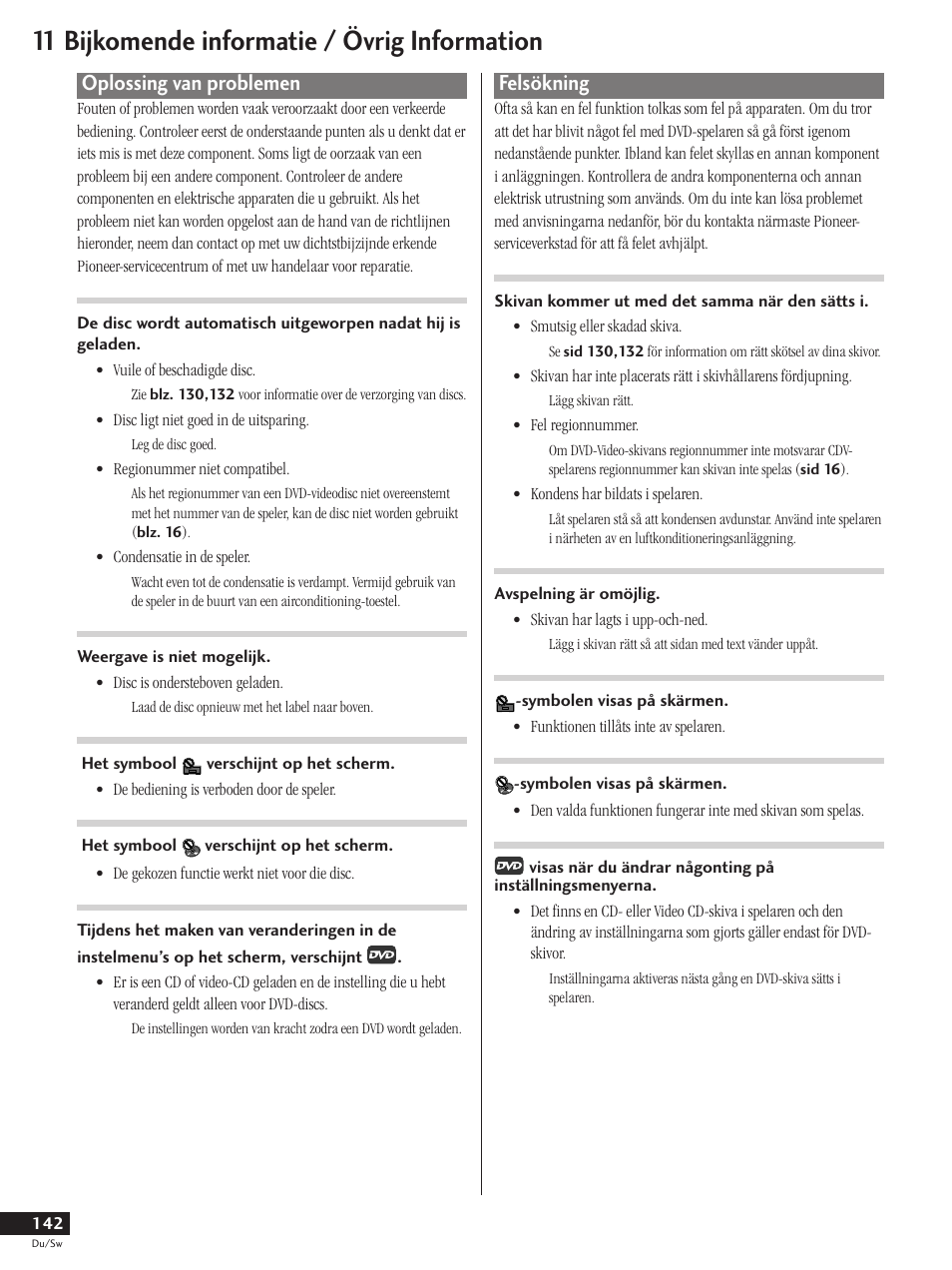 Oplossing van problemen, Felsökning, 11 bijkomende informatie / övrig information | Pioneer DV-737-K User Manual | Page 142 / 156