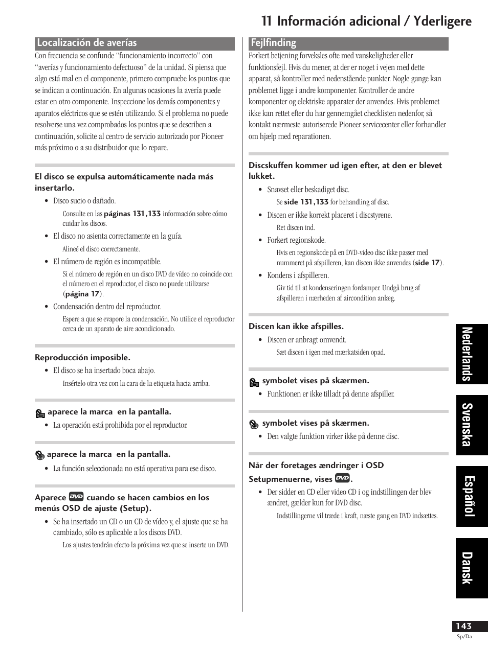 Localización de averías, Fejlfinding, 11 información adicional / yderligere | Nederlands svenska español dansk | Pioneer DV-737-K User Manual | Page 143 / 156