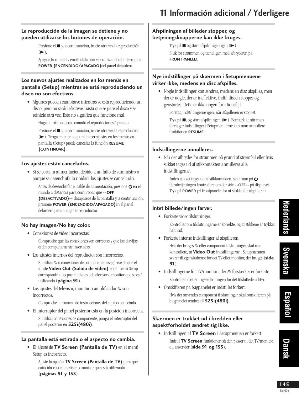 11 información adicional / yderligere, Nederlands svenska español dansk | Pioneer DV-737-K User Manual | Page 145 / 156